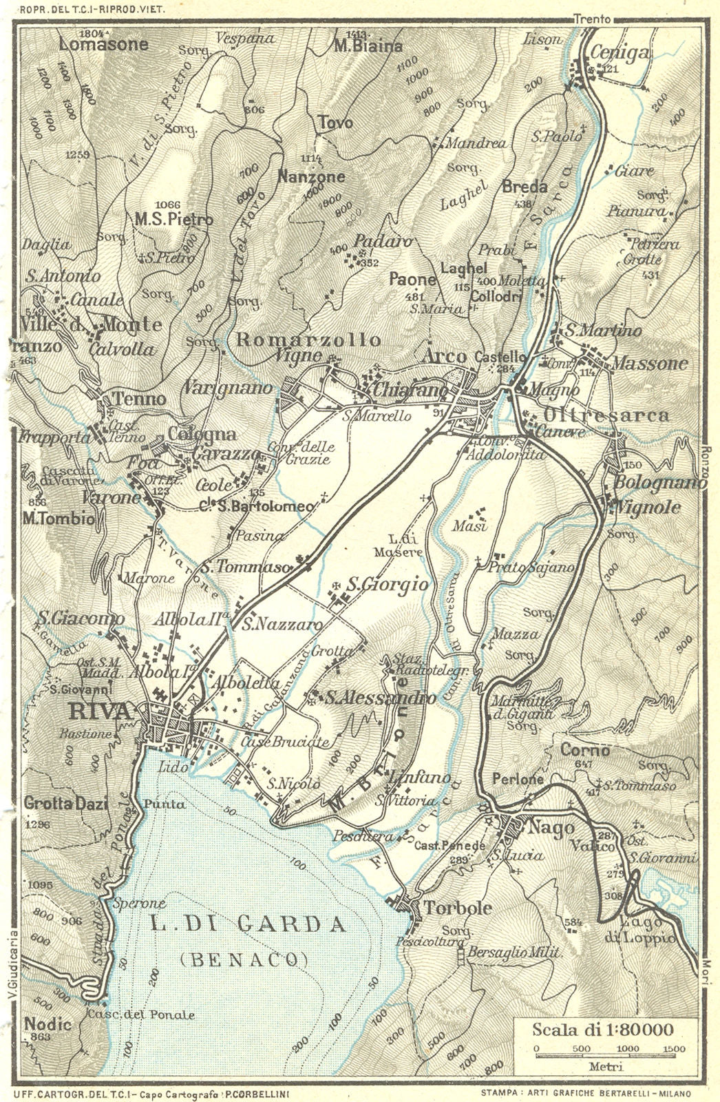 LAKE LAGO DI GARDA (BENACO) . Riva Arco &c. Vintage map plan. Italy 1927